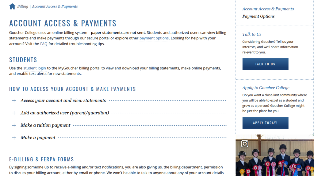 A screenshot of an update web page with blue and black text titled "Account Access & Payments" showing content organized in accordions and improved headers and links.