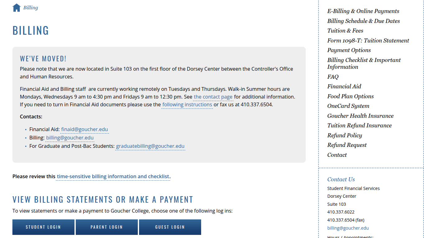 A screenshot of the original home page of a college billing website.